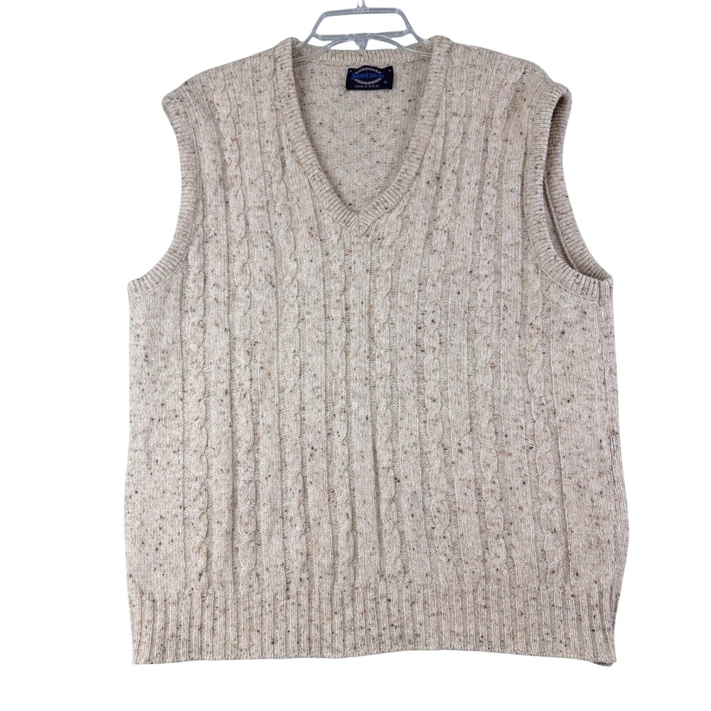 Vintage Jantzen XL Beige Cable Knit Sweater Vest USA V-Neck Flecked Grandpa core